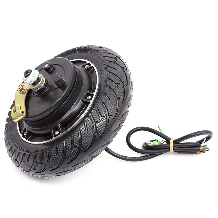 Motorized wheel with tire and wiring on a white background