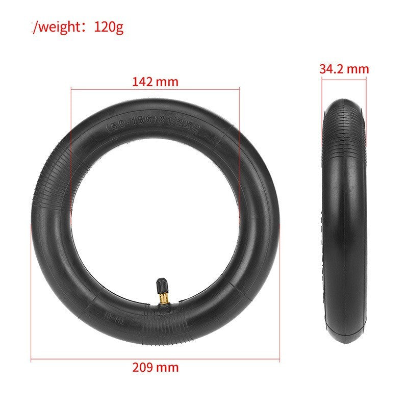Black bicycle inner tube with dimensions and weight on a white background